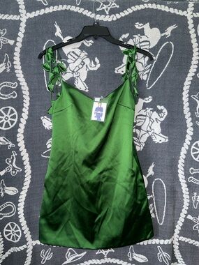 Self-Portrait Emerald Green Satin Slip Dress with Tie Straps